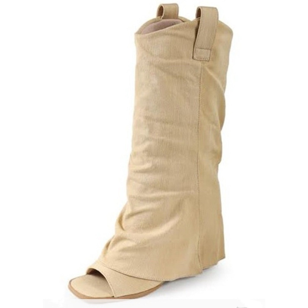 Tan peep toe fold over slouch wedge Shark Boot